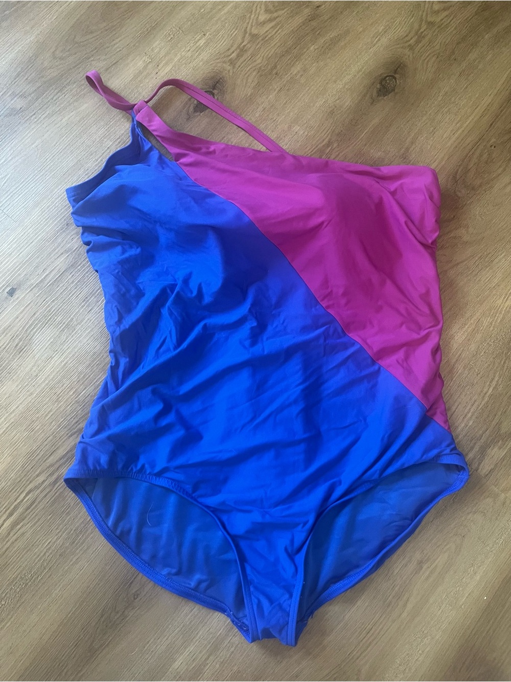 Lands' End women’s Diagonal Colorblock One-Piece Swimsuit in Blue and Pink